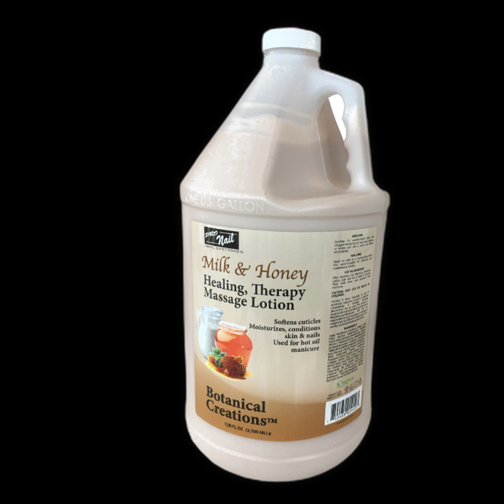 ProNail Milk & Honey massage lotion bottle, featuring a soft, soothing lotion for nails and skin care in a sleek container.