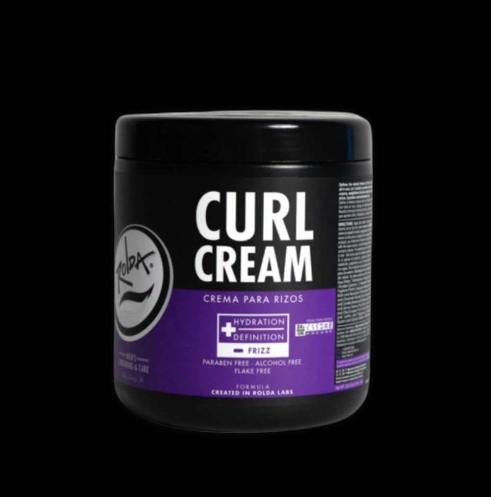 Rolda Rolda Men Curl Cream jar with black lid and label showing product details for defining curly men's hair.