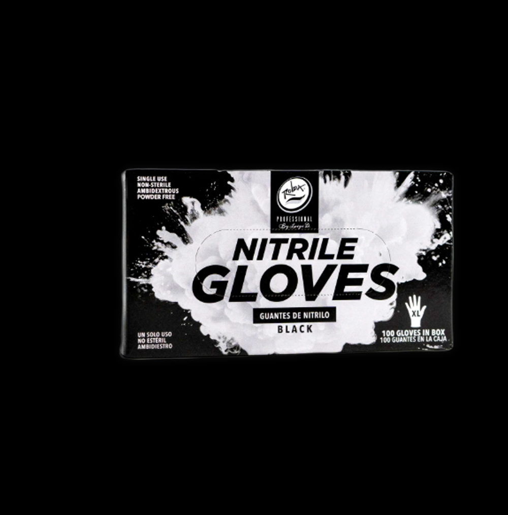 Black Rolda Nitrile Gloves displayed flat, showing their textured surface and flexible fit for industrial or medical use.