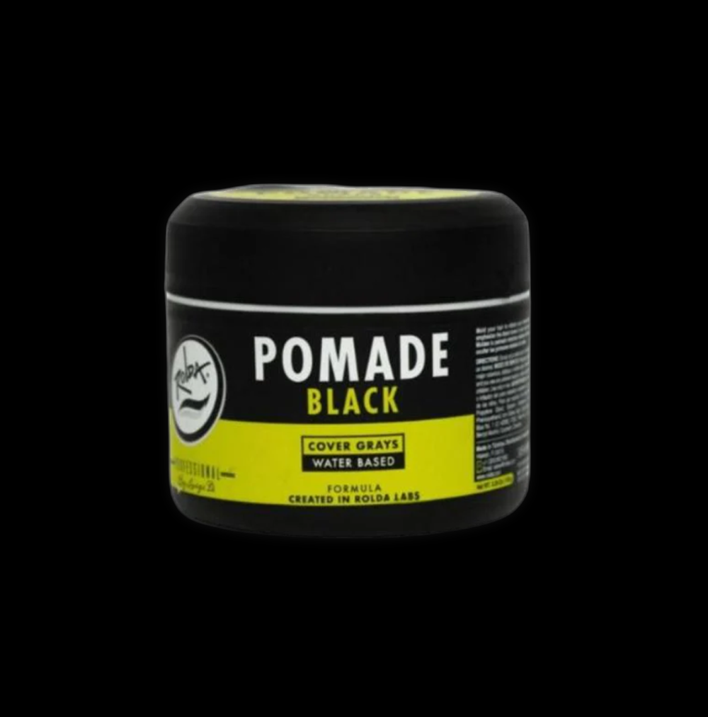 Rolda Rolda Pomade Black 150g jar showing the black hair styling pomade with label and lid open
