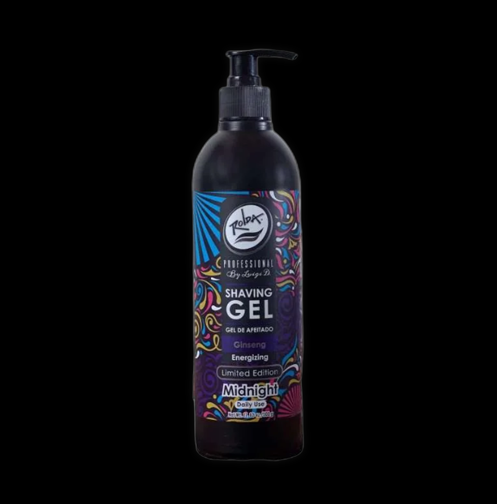 Rolda Midnight shaving gel in 500g container, showing the gel's dark color and packaging with branding details.