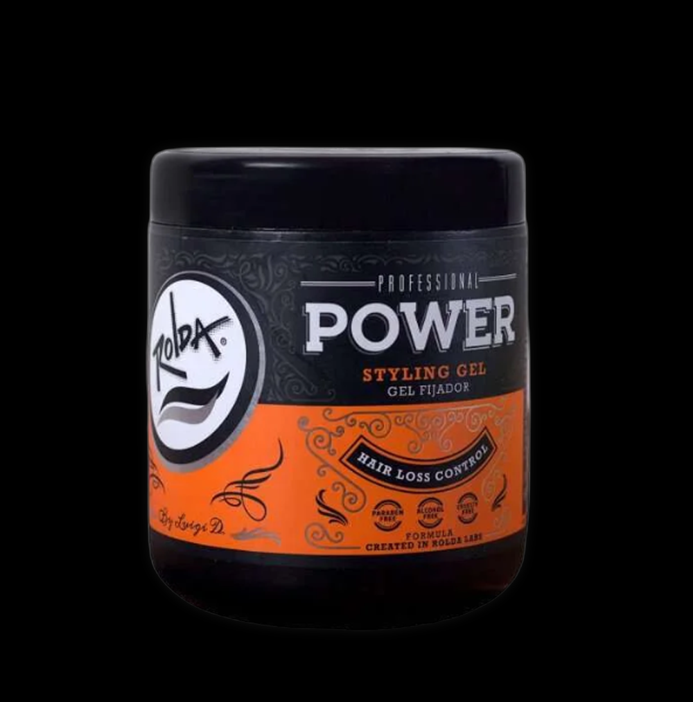 Rolda styling gel Power 500g jar with clear label, showcasing thick gel texture and black lid for strong hold hair styling.