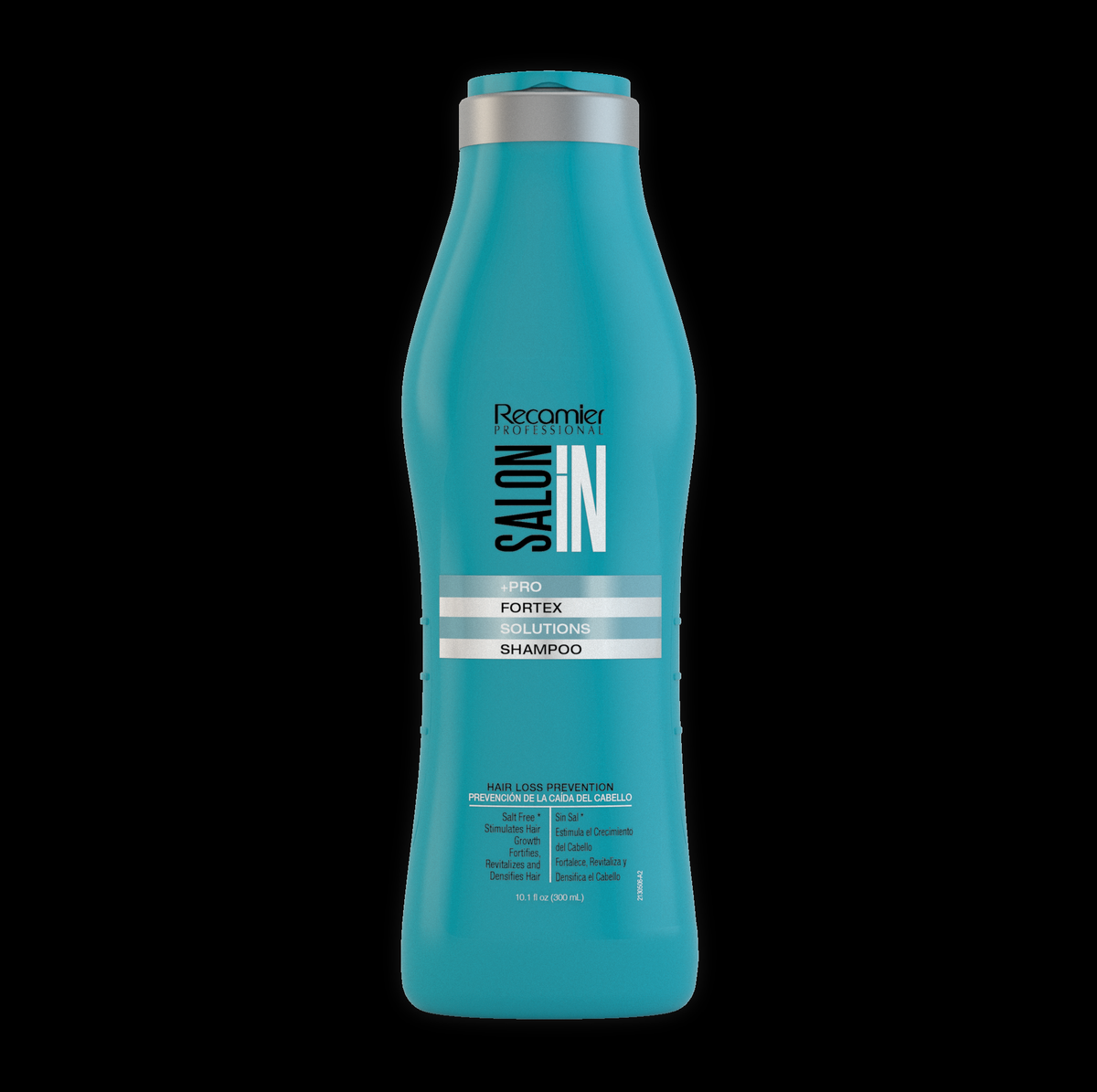Recamier Salon In Salonin Pro ForteX Solutions shampoo bottle, 300ml, with a sleek design and professional hair care branding.