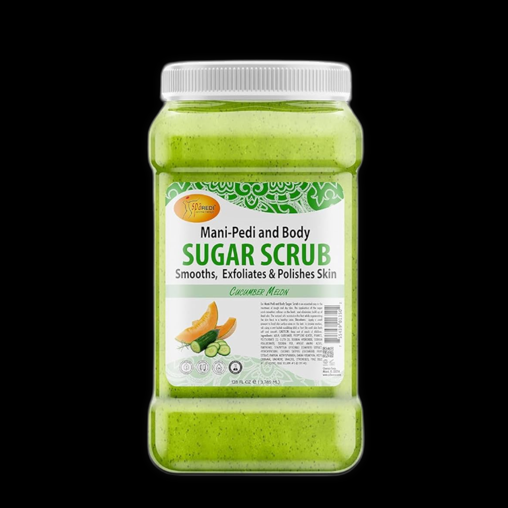 Spa Redi Scrub Sugar Exfoliates with cucumber and melon for gentle skin renewal, shown in a clear container with fresh ingredients.