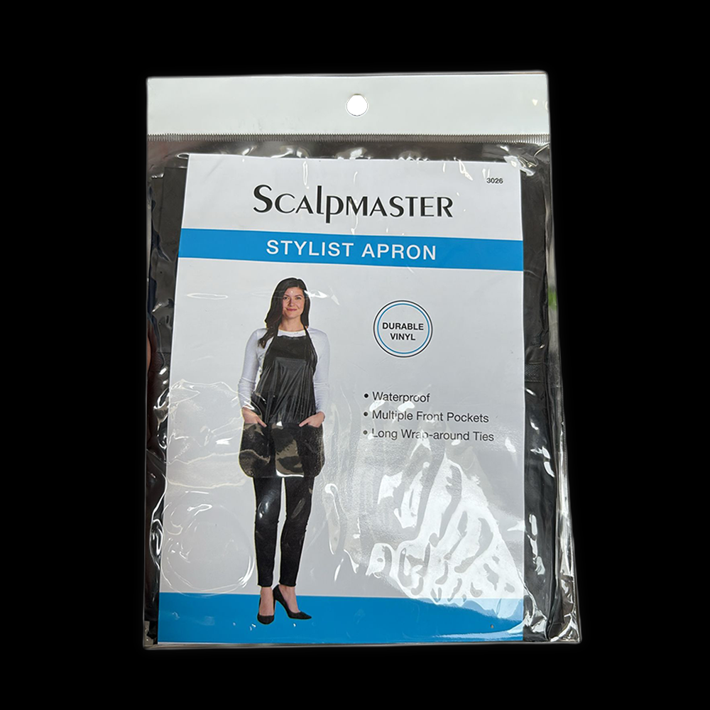 Black stylist apron from Nasami Beauty with adjustable straps and multiple pockets, designed for professional salon use.