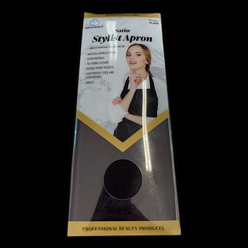Black stylist apron by Nasami Beauty featuring adjustable straps and multiple pockets for professional salon use.