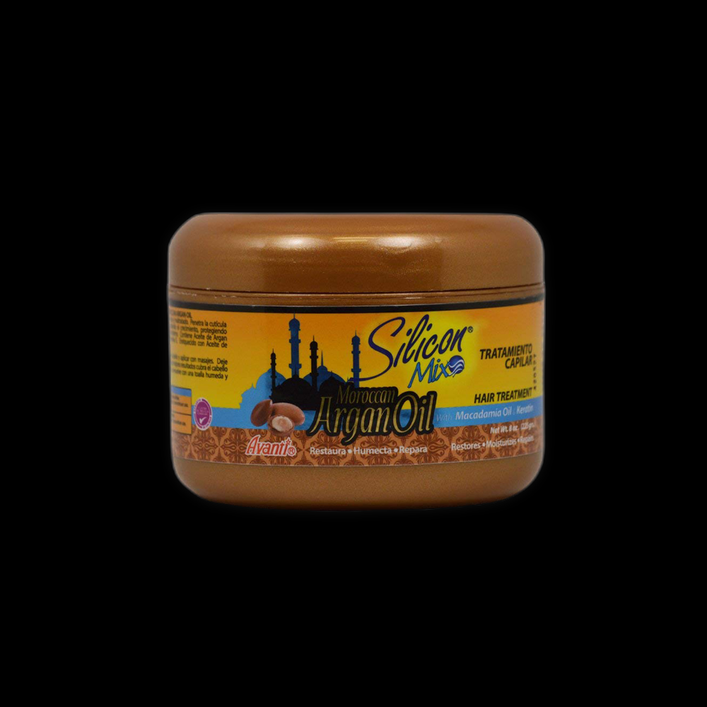 Silicom Mix Argan Oil Hair Treatment bottle with pump dispenser, smooth hair care product for nourishing and conditioning hair.