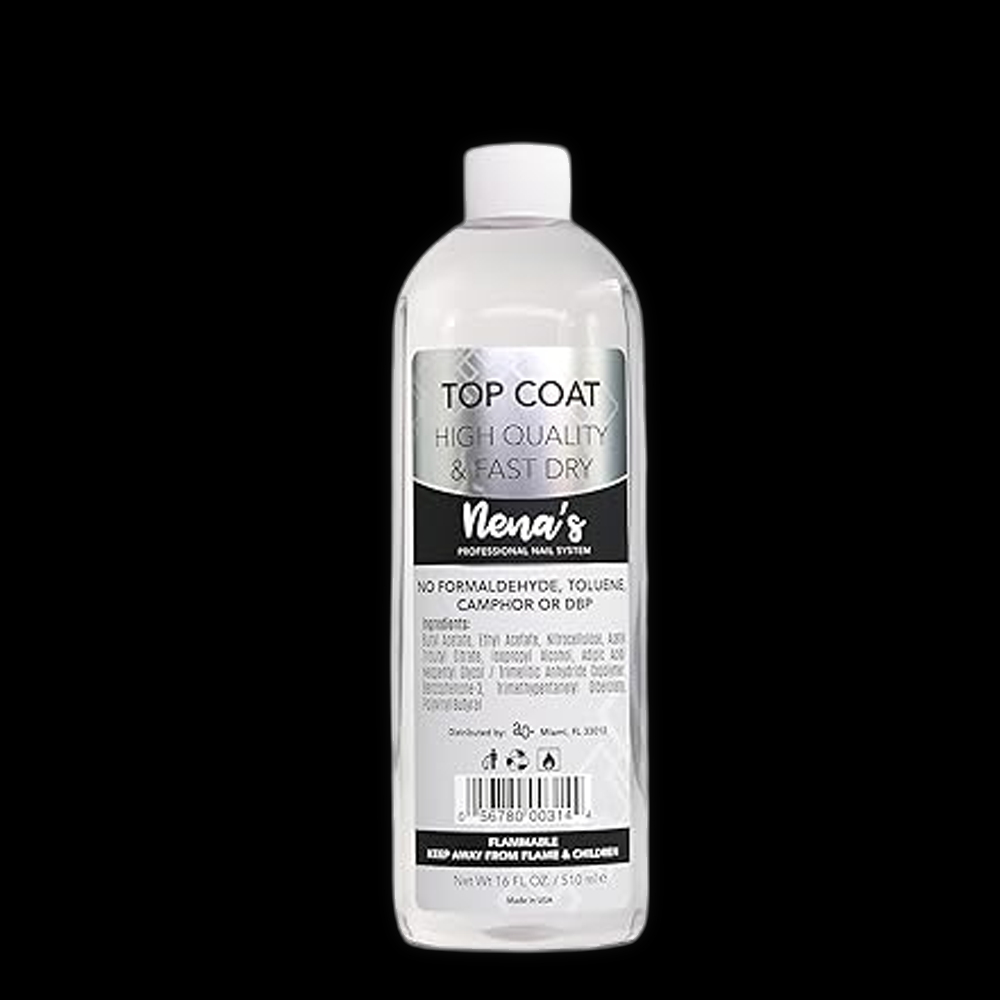 High-quality Nena's top coat, camphor-free, in a 510ml bottle, with a clear, glossy finish for nail protection and shine.