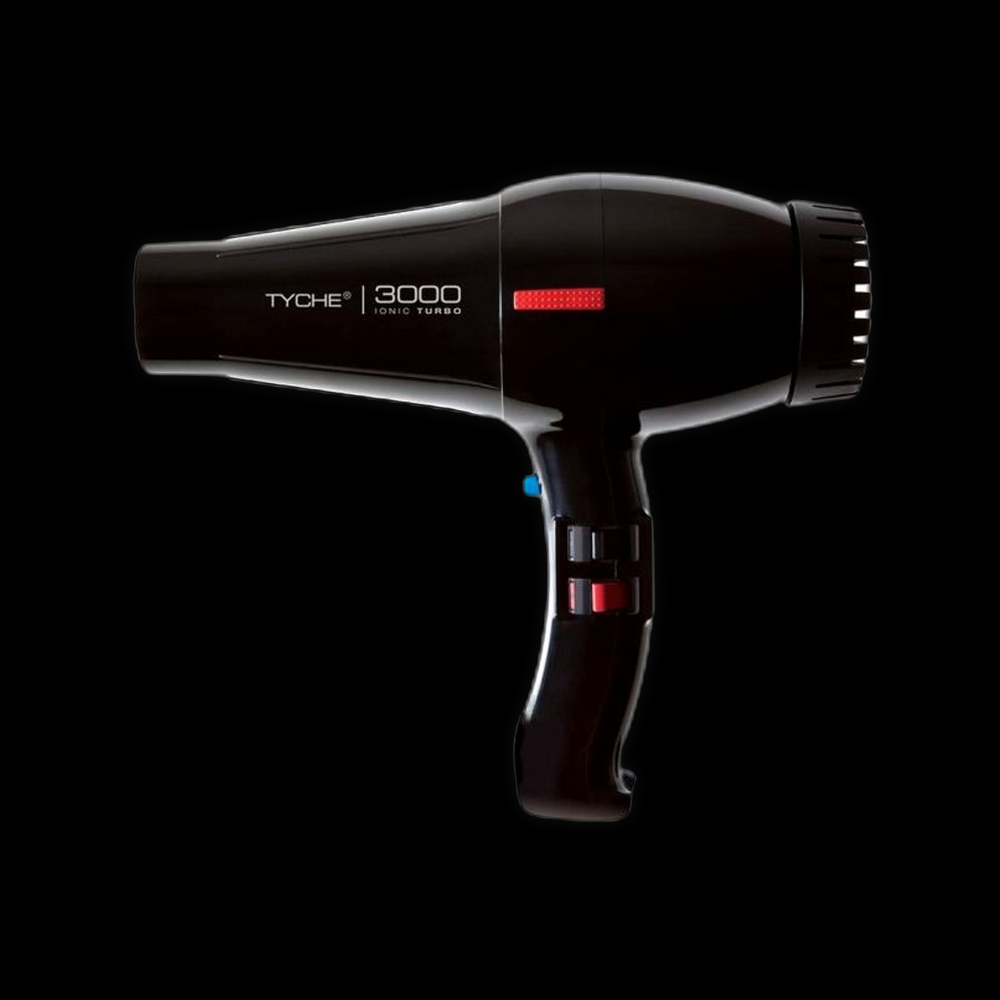 Tyche Ionic Hair Dryer Turbo 3000, sleek black hairdryer with digital display and ergonomic handle for fast drying.