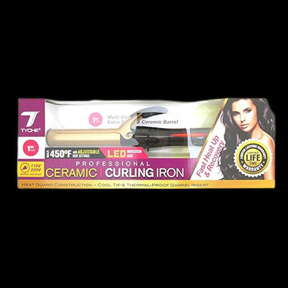 Tyche Professional 1-inch curling iron with a sleek black handle and a ceramic barrel for curling hair.