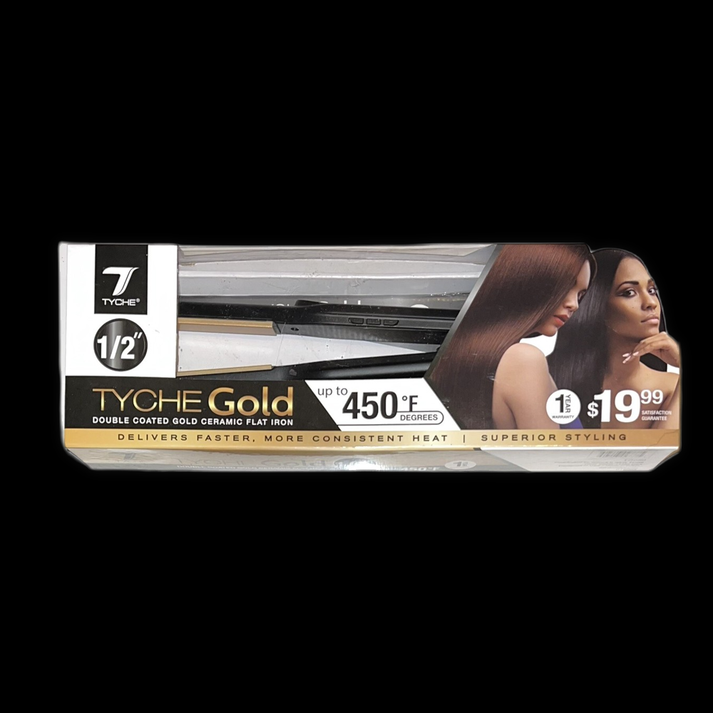 Tyche gold flat iron with 1/2-inch ceramic plates for straightening and styling hair, shown in a close-up view.