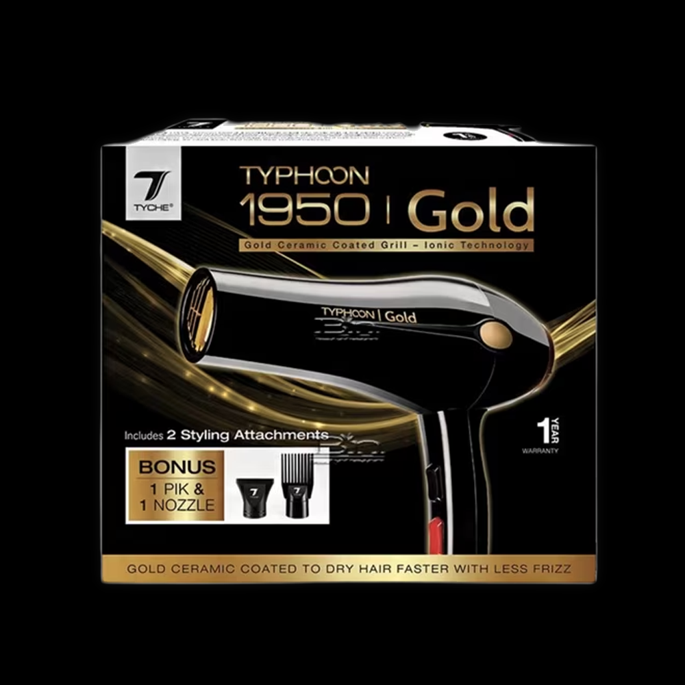 Gold Typhoon Hair Dryer 1950 by Tyche, with sleek design and professional styling features, shown in the image.